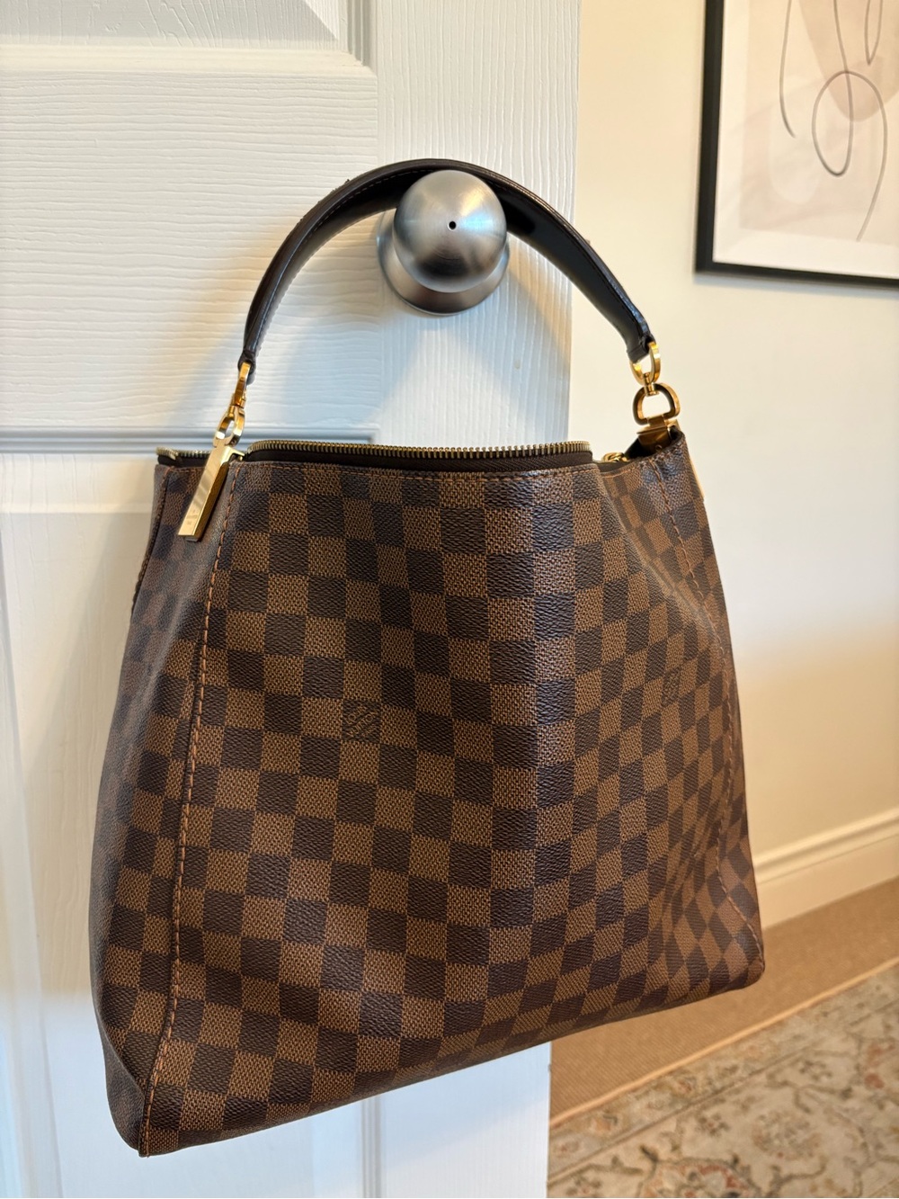 Louis Vuitton Brown Damier Ebene Shoulder Bag with Gold Hardware